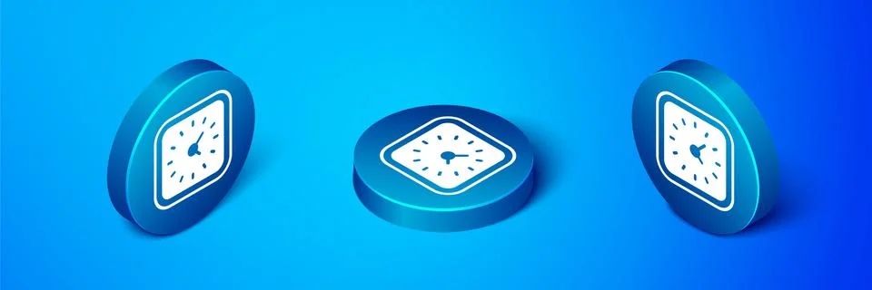 Isometric Clock icon isolated on blue background. Time symbol. Blue circle Illustrazione stock