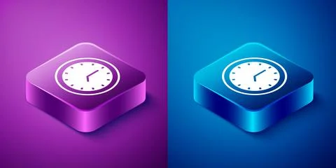 Isometric Clock icon isolated on blue and purple background. Time symbol. Square Stock Illustration