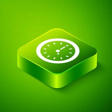 Isometric Clock icon isolated on green background. Time symbol. Green square 스톡 일러스트