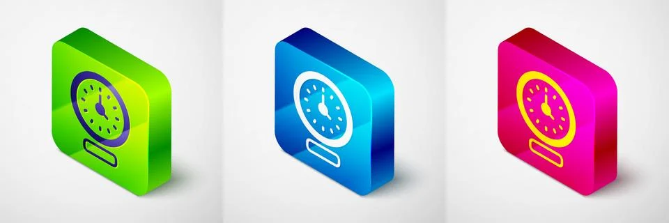 Isometric Clock icon isolated on grey background. Time symbol. Square button Stock Illustration