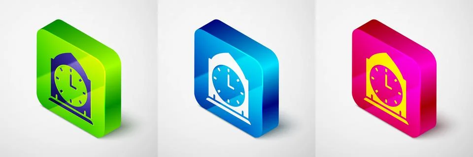 Isometric Clock icon isolated on grey background. Time symbol. Square button Stock Illustration