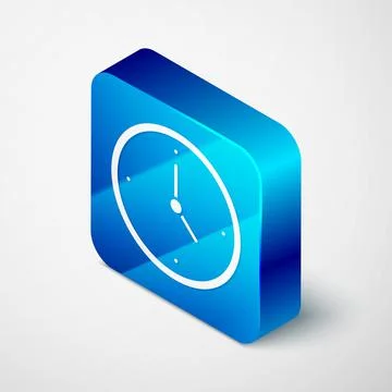 Isometric Clock icon isolated on grey background. Time symbol. Blue square Stock Illustration