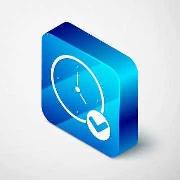 Isometric Clock icon isolated on grey background. Time symbol. Blue square 스톡 일러스트