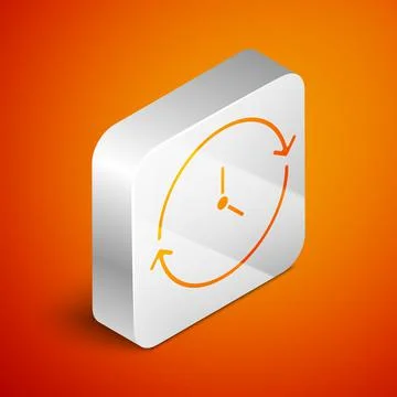 Isometric Clock icon isolated on orange background. Time symbol. Silver square Stock Illustration