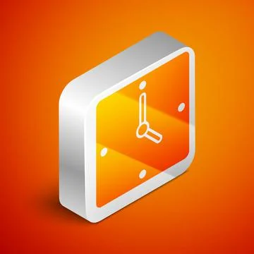 Isometric Clock icon isolated on orange background. Time symbol. Silver square Stock Illustration