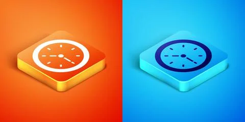 Isometric Clock icon isolated on orange and blue background. Time symbol. Vector Stock Illustration