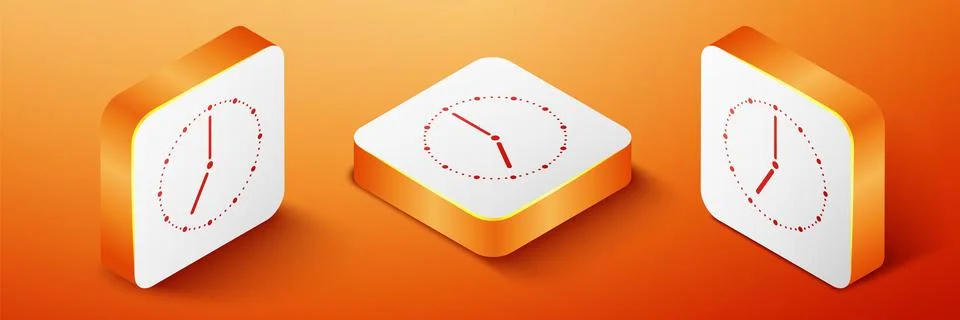Isometric Clock icon isolated on orange background. Time symbol. Orange square Illustrazione stock