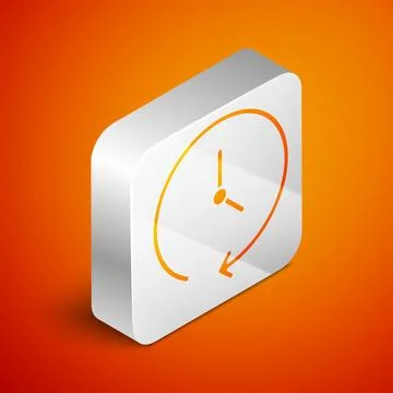 Isometric Clock icon isolated on orange background. Time symbol. Silver squar Stock Illustration