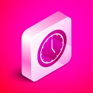 Isometric Clock icon isolated on pink background. Time symbol. Silver square Stock Illustration