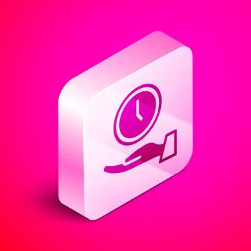 Isometric Clock icon isolated on pink background. Time symbol. Silver square  Stock-Illustration