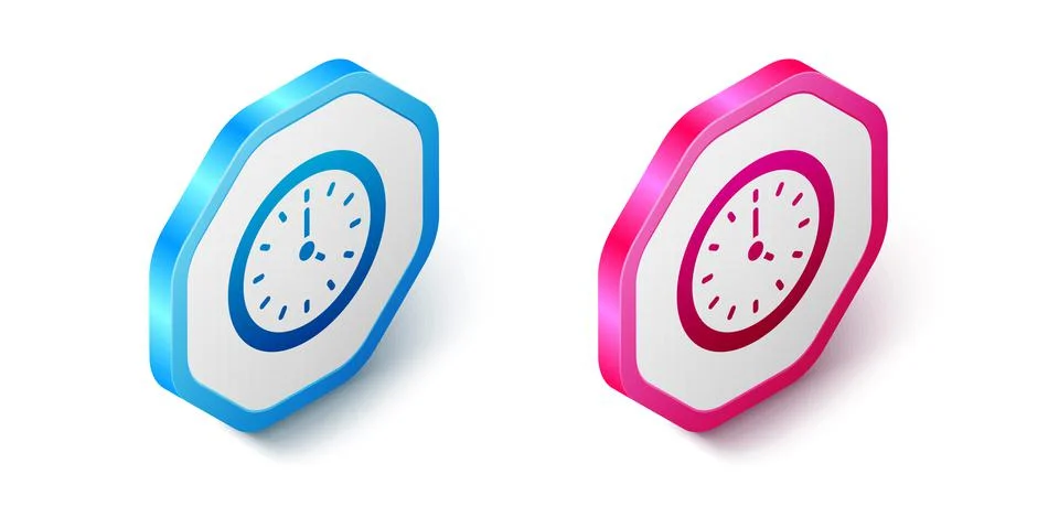 Isometric Clock icon isolated on white background. Time symbol. Hexagon button Illustrazione stock