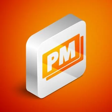 Isometric Clock PM icon isolated on orange background. Time symbol. Silver sq Stock Illustration
