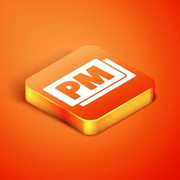 Isometric Clock PM icon isolated on orange background. Time symbol.  Vector Illustrazione stock