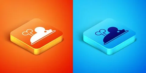 Isometric Clockwork mouse icon isolated on orange and blue background. Wind up Stock Illustration