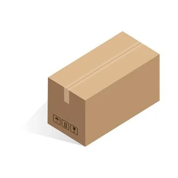 Isometric closed cardboard box, crate of rectangular shape with shipping emblems Ilustración de archivo