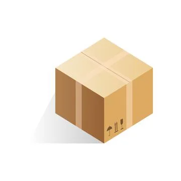 Isometric closed cardboard box, square carton package with fragile sign Illustrazione stock