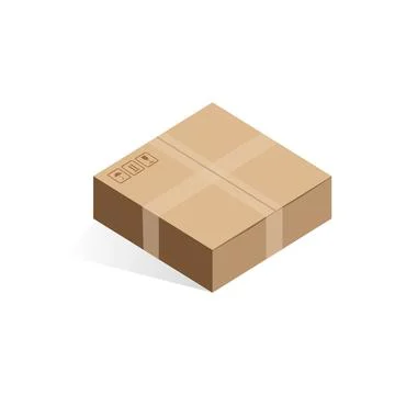 Isometric closed cardboard low box of square shape with postal signs 库存插图