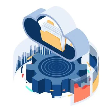 Isometric Cloud and Folder with Data Analytics Stock Illustration