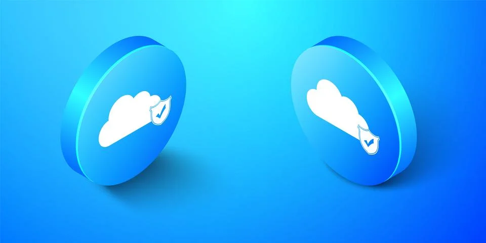 Isometric Cloud and shield with check mark icon isolated on blue background Stockillustratie