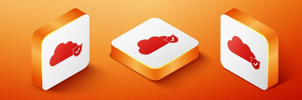 Isometric Cloud and shield with check mark icon isolated on orange background イラスト素材