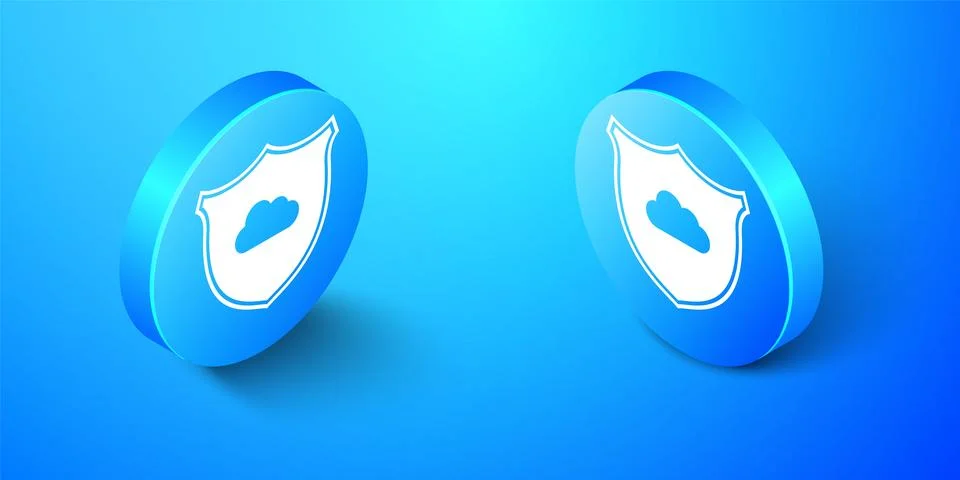 Isometric Cloud and shield icon isolated on blue background. Cloud storage data 스톡 일러스트
