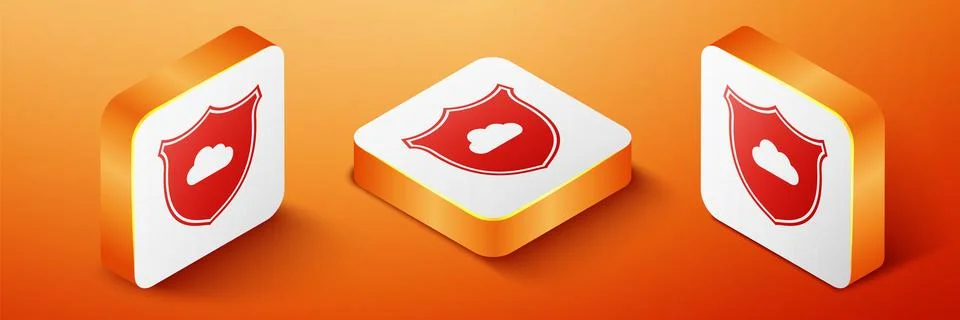 Isometric Cloud and shield icon isolated on orange background. Cloud storage イラスト素材