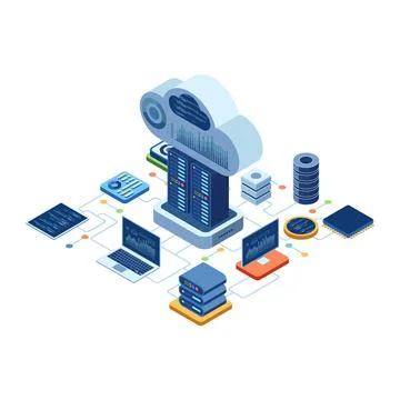 Isometric Cloud Based Solution with Data Center Connectivity 스톡 일러스트