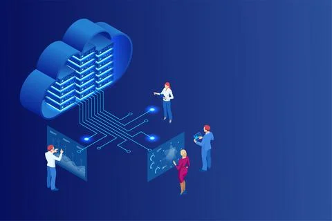 Isometric cloud computing concept represented by a server, with a cloud Stock Illustration