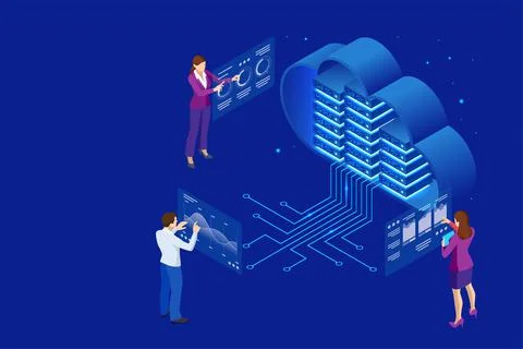Isometric cloud computing concept represented by a server, with a cloud Illustrazione stock