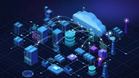 Isometric Cloud Computing Datacenter Network and Data Transfer Vídeo Stock 346144018