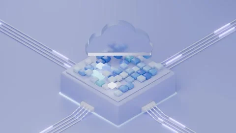 Isometric Cloud Computing Icon with Server and Glowing Data Cubes Stockbeeldmateriaal 347720185
