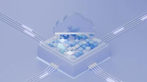Isometric Cloud Computing Icon with Server and Glowing Data Cubes イラスト素材