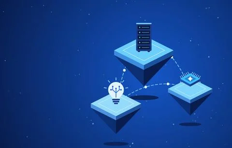 Isometric cloud computing illustration with server rack, light bulb idea and Stock Illustration