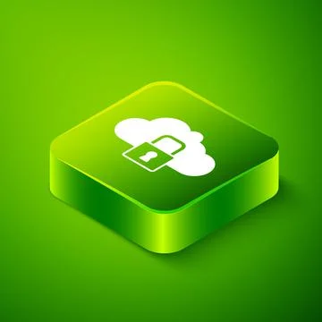 Isometric Cloud computing lock icon isolated on green background. Security Stock Illustration