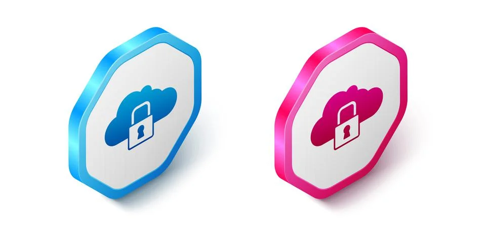 Isometric Cloud computing lock icon isolated on white background. Security, s Stock Illustration