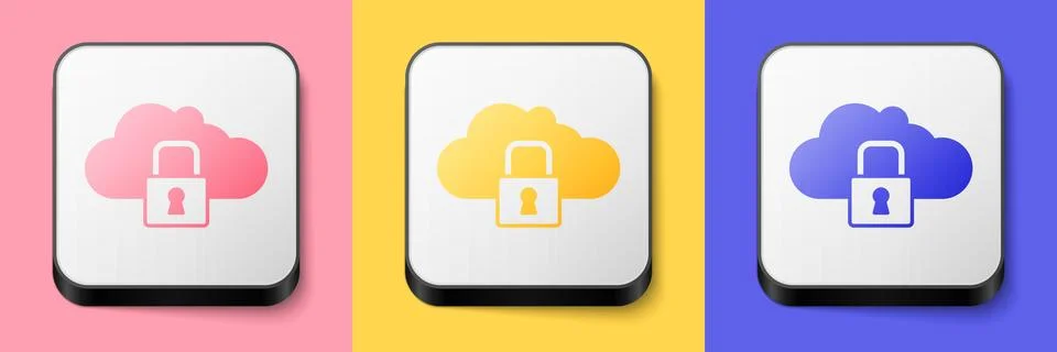 Isometric Cloud computing lock icon isolated on pink, yellow and blue background Stock Illustration