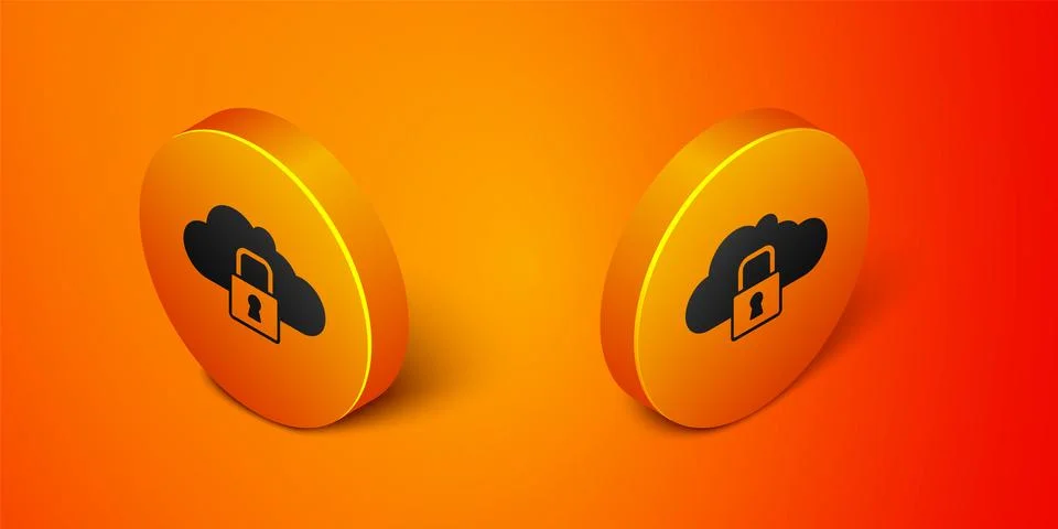 Isometric Cloud computing lock icon isolated on orange background. Security Stock Illustration