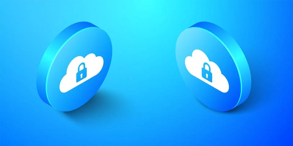 Isometric Cloud computing lock icon isolated on blue background. Security Stock Illustration