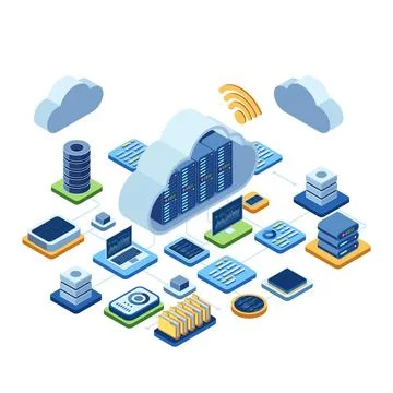Isometric Cloud Computing Technology with Data Network 스톡 일러스트