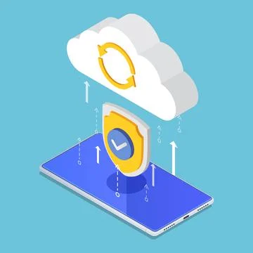 Isometric Cloud Computing Upload Protecting by Security Shield Stock Illustration