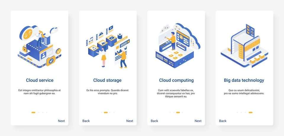 Isometric cloud data storage technology UX, UI onboarding mobile app page screen イラスト素材