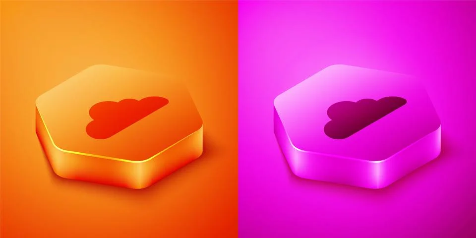 Isometric Cloud icon isolated on orange and pink background. Hexagon button Illustrazione stock