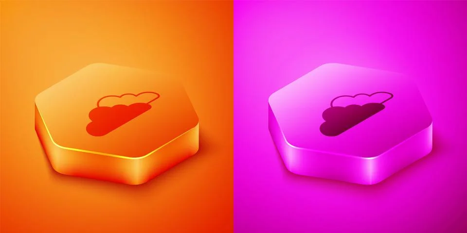 Isometric Cloud icon isolated on orange and pink background. Hexagon button.  イラスト素材