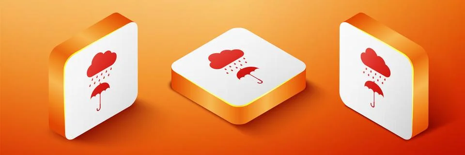Isometric Cloud with rain drop on umbrella icon isolated on orange background Stock Illustration