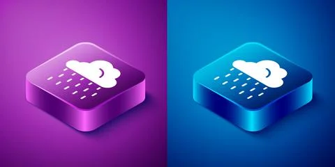 Isometric Cloud with rain icon isolated on blue and purple background. Rain Stock Illustration