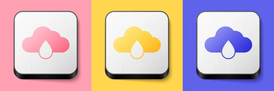 Isometric Cloud with rain icon isolated on pink, yellow and blue background Stock Illustration