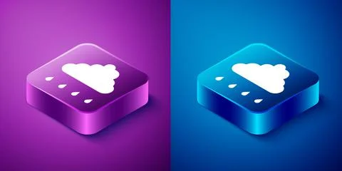 Isometric Cloud with rain icon isolated on blue and purple background. Rain c Stock Illustration