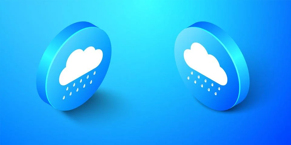 Isometric Cloud with rain icon isolated on blue background. Rain nimbus cloud Illustrazione stock