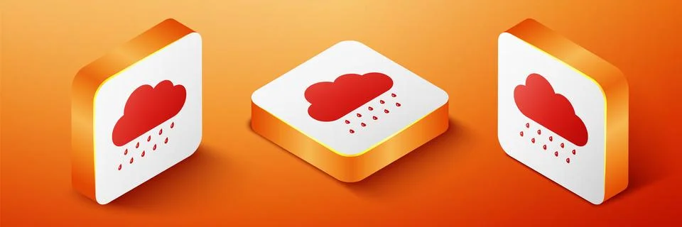 Isometric Cloud with rain icon isolated on orange background. Rain nimbus cloud Illustrazione stock