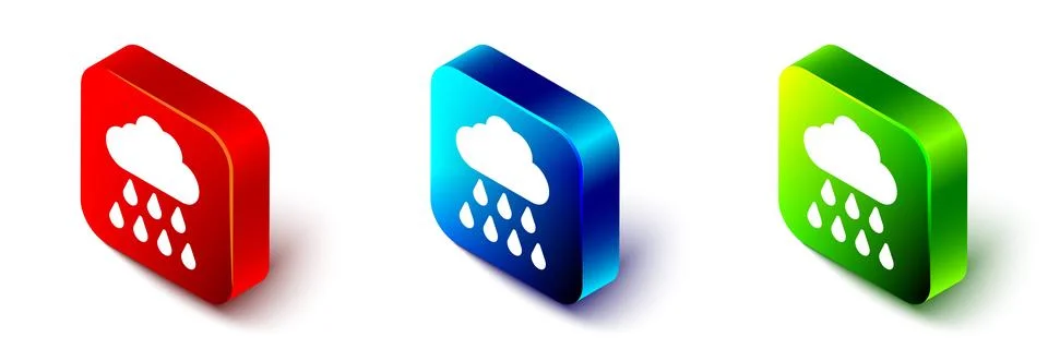 Isometric Cloud with rain icon isolated on white background. Rain cloud pre.. Stock Illustration